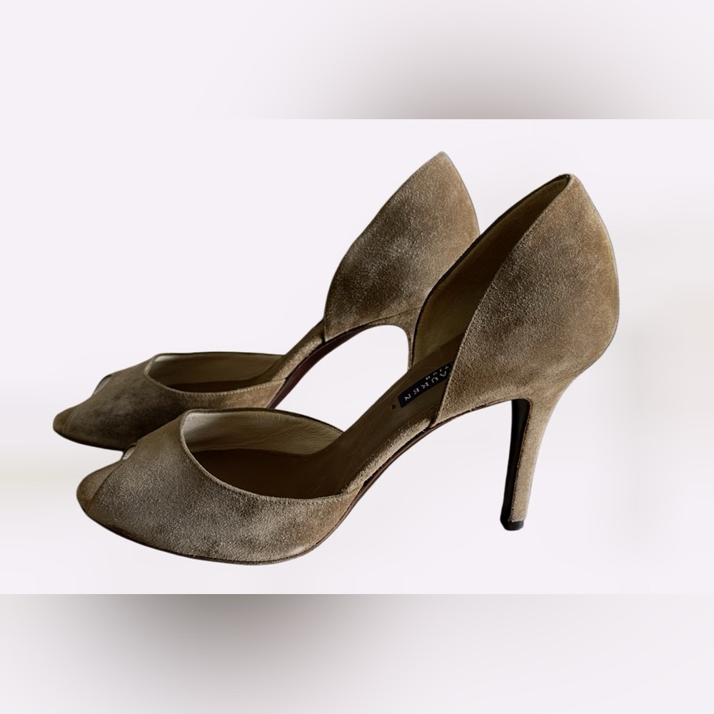 Ralph Lauren Purple Label Suede Brown Color Peep Toe Sexy Pumps Size 7 - Picture 8 of 17